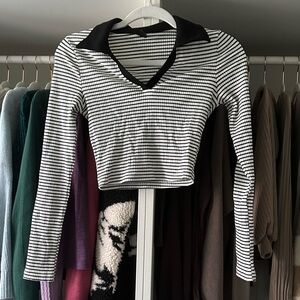Striped Collar Long Sleeve Crop Top